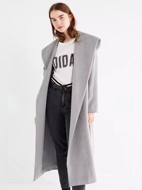 UO silence + noise Long Shawl-Collar Belted Trench Coat - Light Gray